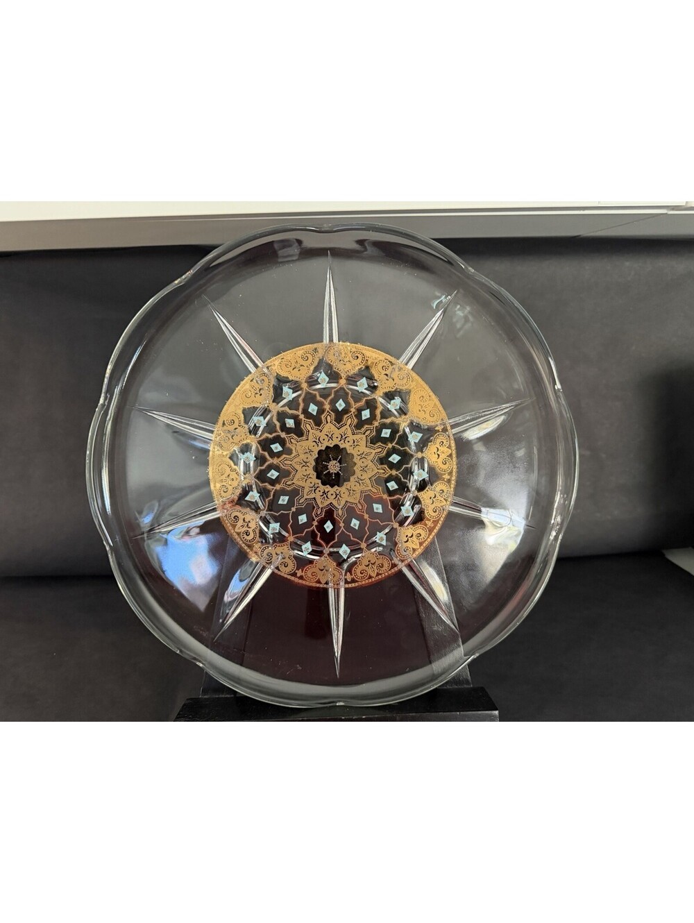 Vintage Art Glass Serving Platter Gold Enamel Starburst, Pattern MCM Style Dish